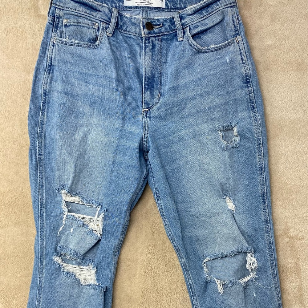Hollister Light Blue Distressed Curvy High Rise Mom Jeans